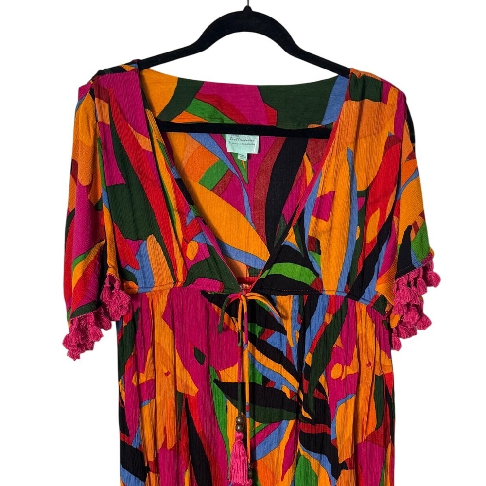 True Destinations Tropical Abstract Print Tassel Midi Dress Medium - Picture 5 of 9